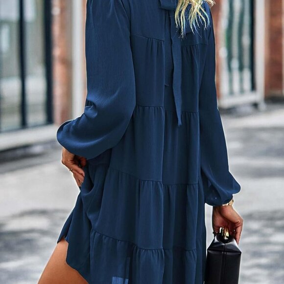 Long Sleeve Baby Doll Dresses Women 2025 Casual Fall Winter Ruffle Mock Neck Tie - Picture 5 of 5